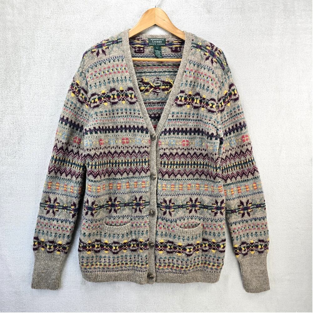 Vintage Ralph Lauren Fair Isle Cardigan Knit Sweater Large Wool Lambswool 90s